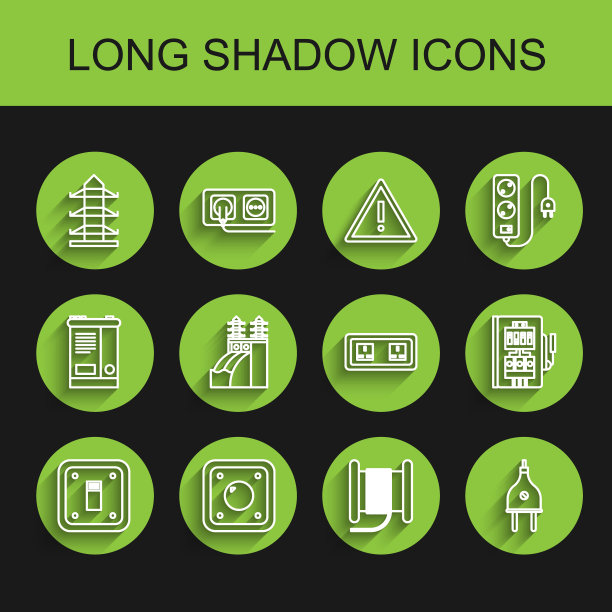 设置线电灯开关，高压电线杆，卷筒上的电线电缆，插头，核电站，电气面板和出口图标。向量图片下载