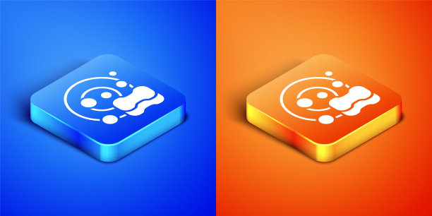 等距的洗碗图标孤立在蓝色和橙色的背景。清洗盘子图标。洗碗机的迹象。清洁餐具的迹象。方形按钮。向量图片下载