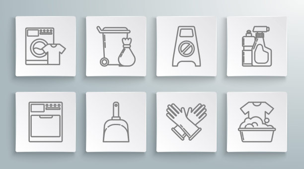 设置线洗衣机，垃圾桶，簸箕，橡胶手套，肥皂泡沫的塑料盆，湿地板和清洁进程，液体洗碗液和t恤图标的瓶子。向量图片下载