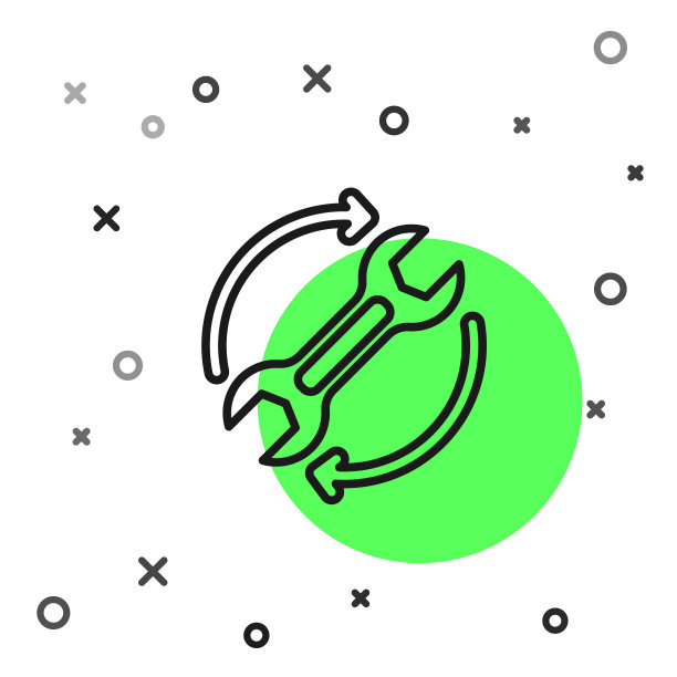 黑线扳手扳手和箭头作为工作流图标孤立在白色背景。调整、服务、设置、维护、修理、固定。向量图片下载