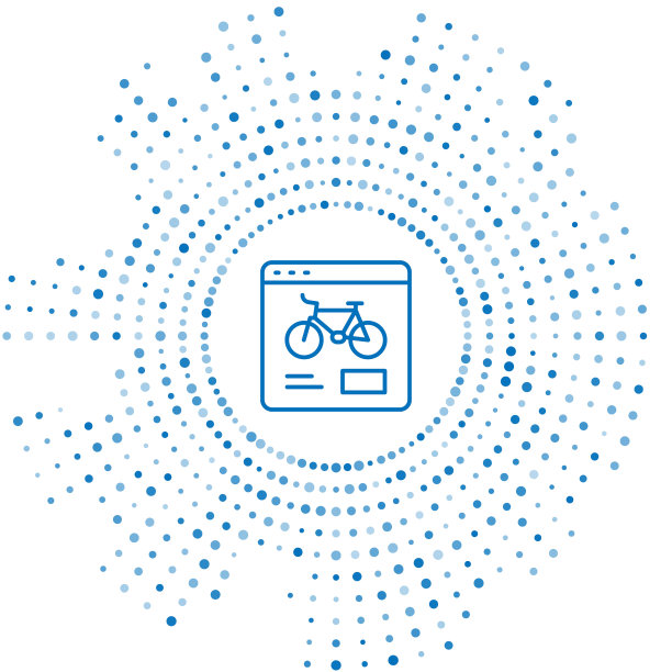 蓝线自行车租赁移动应用程序图标孤立在白色背景。智能自行车租赁服务在城市。手机应用程序共享系统。抽象圆随机点。向量图片下载