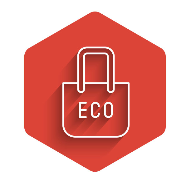白线纸购物袋与回收图标孤立与长阴影背景。带回收标志的袋子。红色的六角按钮。向量图片下载