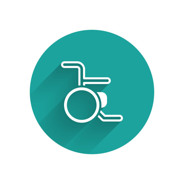 白色轮椅为残疾人图标孤立与长阴影。绿色圆圈按钮。向量图片下载