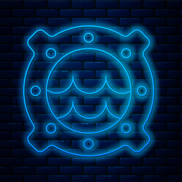 发光的霓虹灯线船舶舷窗与铆钉和海景外图标孤立在砖墙背景。向量图片下载