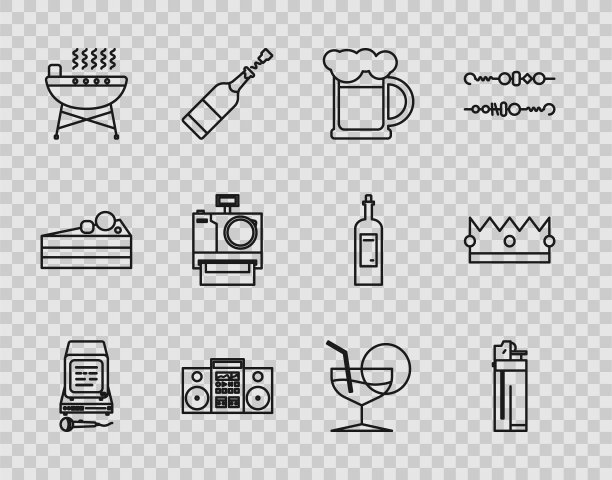 设置线卡拉ok，打火机，木制啤酒杯，家庭立体声两个扬声器，烧烤烧烤，相机，马提尼玻璃和皇冠图标。向量图片下载