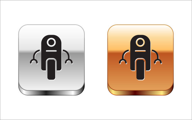 黑色机器人图标孤立在白色背景。人工智能，机器学习，云计算。金银平方按钮。向量图片下载