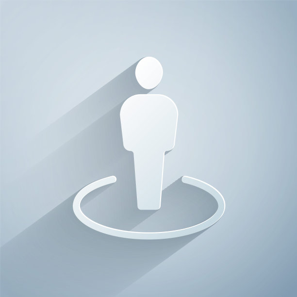 纸切割的地图标记，一个孤立在灰色背景上的人物图标的剪影。GPS定位的象征。纸艺术风格。向量图片下载