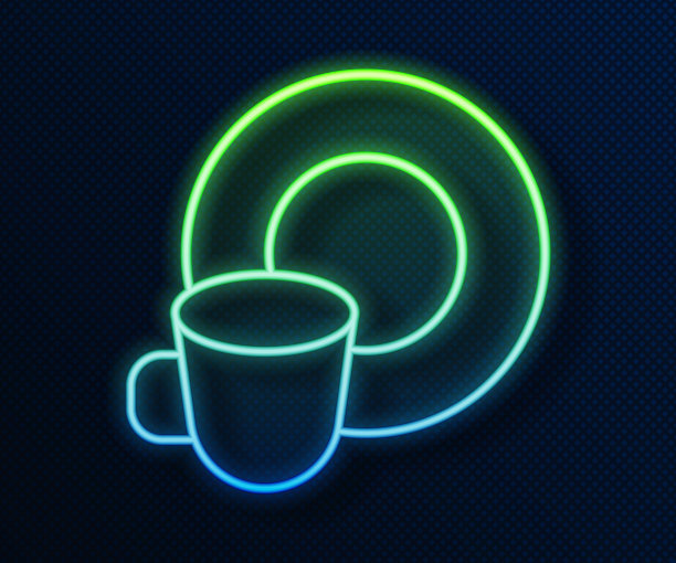 发光的霓虹灯线清洗盘子图标孤立在蓝色的背景。清洗盘子图标。洗碗机的迹象。清洁餐具的迹象。向量图片下载