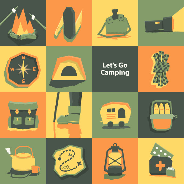 野营和徒步旅行装备符号符号平风格插图矢量设计横幅设置为夏令营传单和海报。露营的概念。图片下载