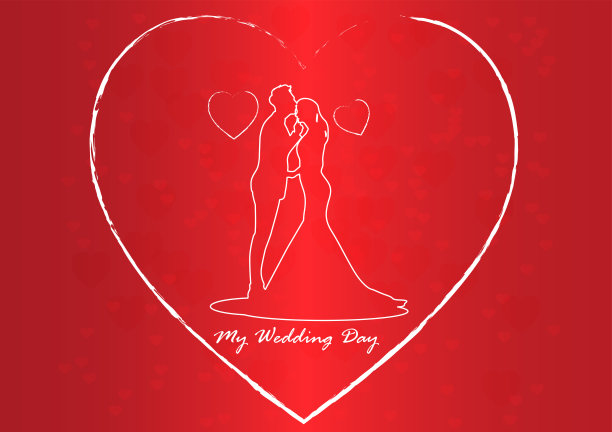 图形图像白色轮廓新娘和新郎夫妇的婚纱与聚光灯红色背景矢量插图图片下载