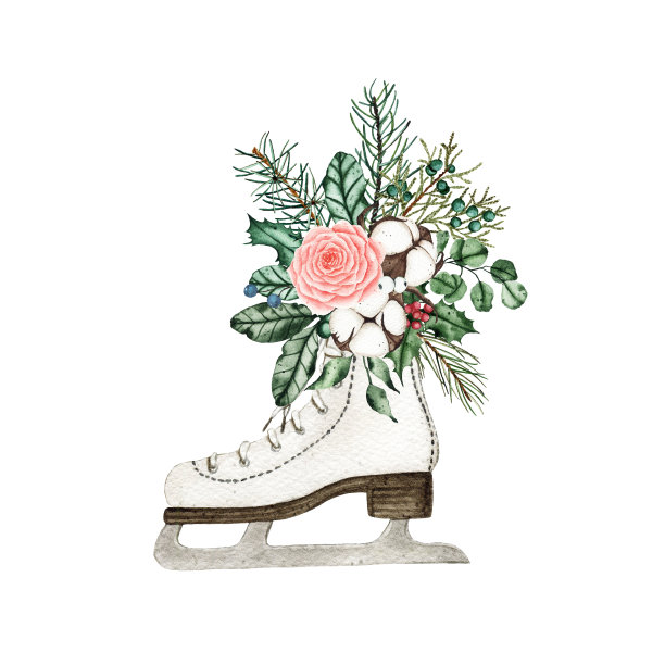 水彩圣诞冰鞋装饰花束，棉花，冷杉枝孤立在白色的背景。寒假圣诞节庆祝插图图片下载