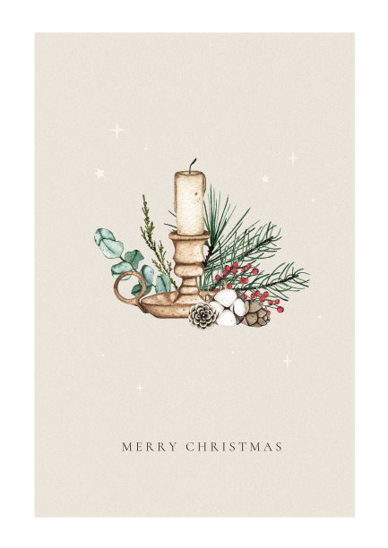 水彩画圣诞贺卡与蜡烛和束松果，冷杉枝。寒假可打印海报设计模板插图图片下载