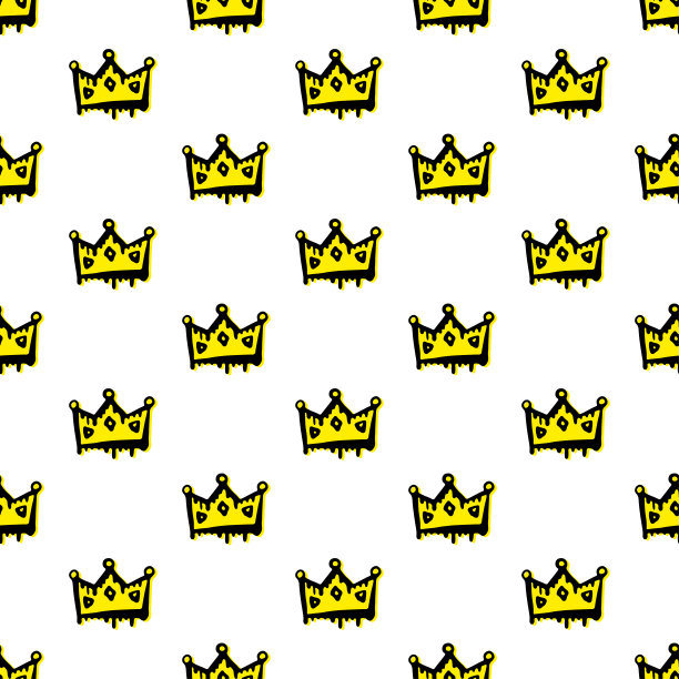 美丽的小黄色冠与黑色轮廓孤立在白色的背景。可爱的无缝模式。矢量平面图形手绘插图。纹理。图片下载