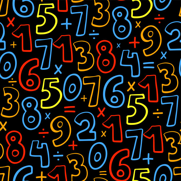 明亮的彩色多色数学数字孤立在黑色的背景。幼稚可爱无缝图案。矢量平面图形手绘插图。纹理。图片下载