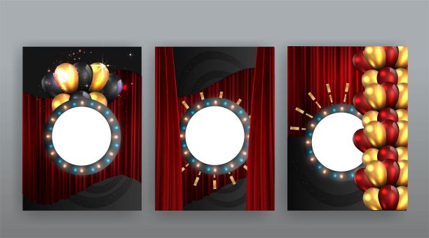 演出时间，电影院和剧院大厅的座位都有红色的天鹅绒窗帘。闪亮的灯泡老式的和奢侈的节日传单模板，图片下载