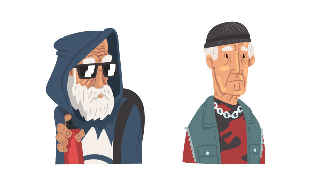时髦的灰色头发高级男人嬉皮士戴眼镜向量集图片下载
