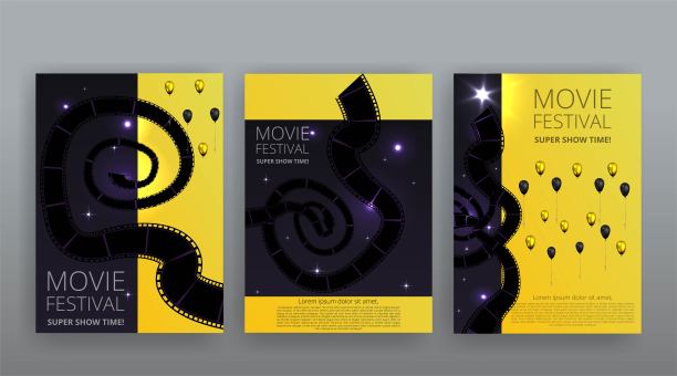 演出时间，电影院和剧院大厅的座位都有红色的天鹅绒窗帘。闪亮的灯泡复古和豪华节日传单模板图片下载