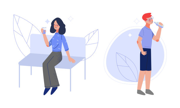 年轻的男人和女人喝干净和纯净的饮用水淬火口渴向量集图片下载