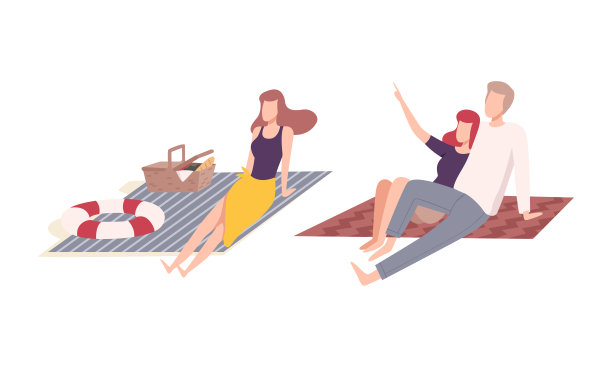 人们性格野餐在公园坐在毯子上与篮子向量集图片下载