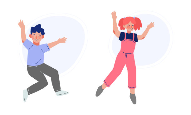 积极的男孩和女孩跳跃与喜悦和兴奋欣喜向量集图片下载