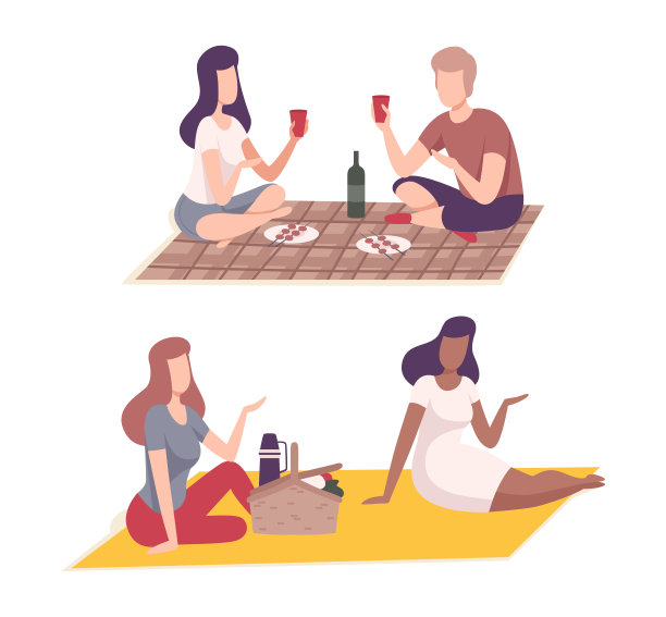 人们性格野餐在公园坐在毯子上与篮子向量集图片下载