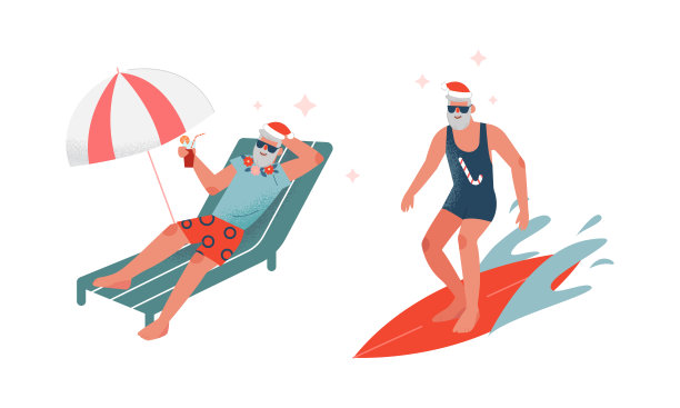 圣诞老人在红帽冲浪和日光浴在阳光床上喝鸡尾酒向量集图片下载