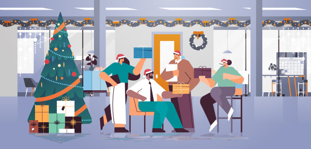 不同种族的人戴着圣诞帽，手里拿着礼物图片下载