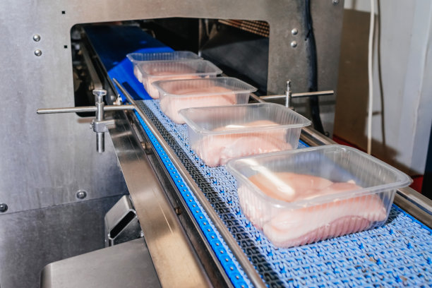 肉类加工厂。鸡柳生产线。现代化食品厂自动化生产线。传送带上的食物。现代化的家禽加工厂。图片下载