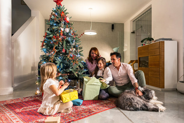 妈妈和爸爸带着他们的女儿和狗坐在圣诞树旁边的地板上交换礼物。客厅也装饰了即将到来的节日精神。图片下载