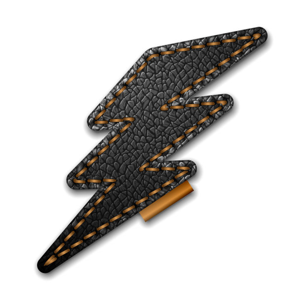 空白闪电形状缝制黑色皮革标签孤立的白色背景向量模板。图片下载