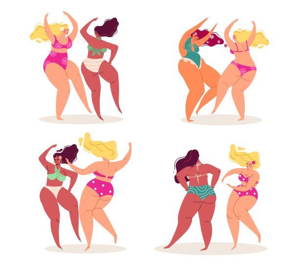 穿着泳衣的身材乐观的女人。大女孩们一起跳舞。性感超重的女性角色跳跃，加上大小美丽的模特，夏季沙滩服装，矢量卡通孤立集图片下载