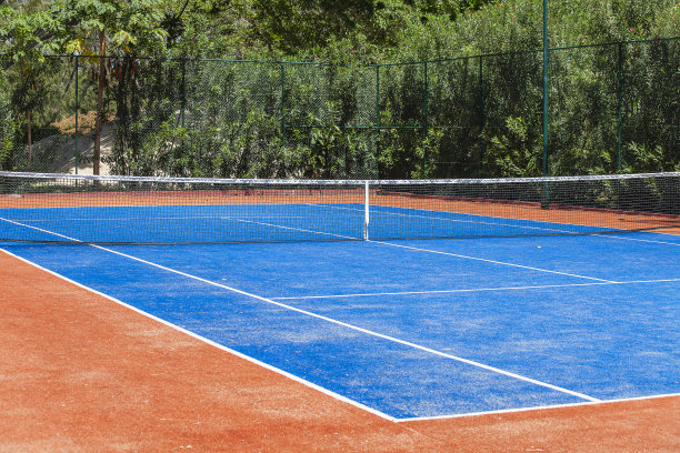 户外网球场，日光下带网图片下载