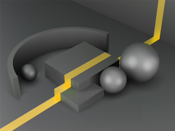 3d现实的基座在黑色背景与黄色强调线，黑色金属平台与球体和盒子，抽象的最小概念，空白空间，干净的设计，矢量豪华极简模型图片下载