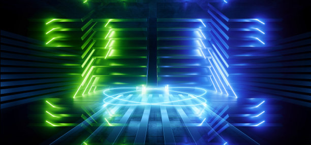 科幻未来舞台霓虹灯激光充满活力的网络房间蓝色绿光金属反射表面结构黑暗外星飞船走廊3D渲染图片下载