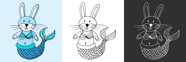 图标集。兔子美人鱼。海洋主题图标手绘风格。可爱幼稚的插图。图标,徽章图片下载