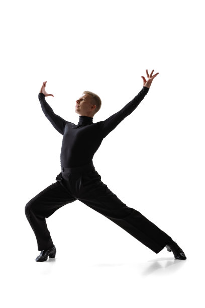 肖像年轻优雅的男舞者，灵活的男人在黑色舞台服装舞蹈交际舞孤立在白色工作室的背景。图片下载