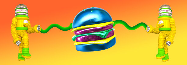 极简风格的拼贴横幅艺术。3d角色宇航员汉堡。快餐的概念图片下载