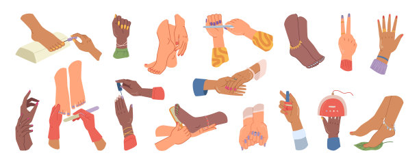 美甲和足疗标志孤立的卡通图标集。向量女性的手和脚美容沙龙，美甲和足疗化妆品，身体护理。凝胶灯，指甲锉，指甲油刷图片下载