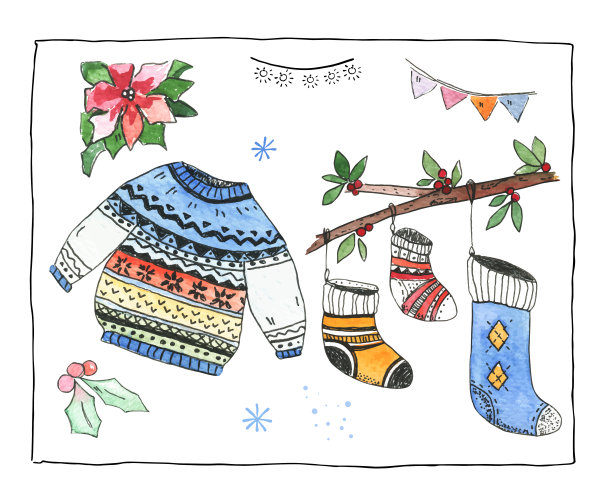 手绘圣诞元素。向量组图片下载