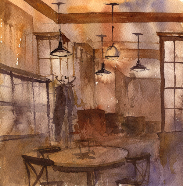 咖啡馆室内水彩画图片下载
