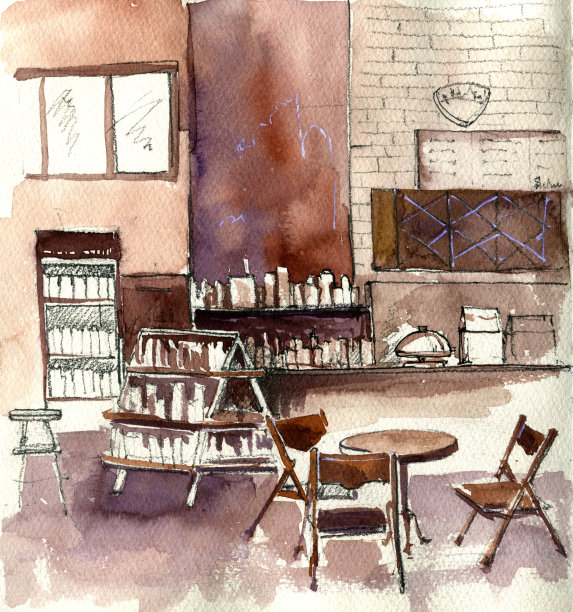 咖啡馆室内水彩画图片下载