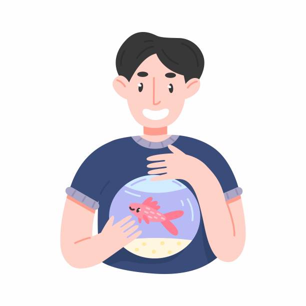 快乐的宠物主人与观赏鱼。面带微笑的男人和卡通扁平风格的宠物鱼。矢量插画。图片下载