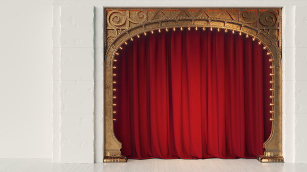 黑色空荡的卡巴莱或喜剧俱乐部舞台与红色窗帘和艺术新拱门。三维渲染图片下载