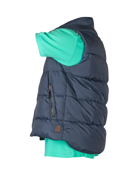 深蓝色无袖夹克和t恤，衣领上有白色的钮扣图片下载