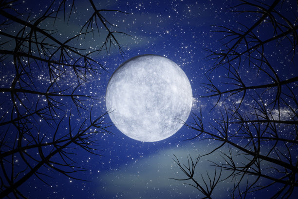 万圣节图形背景。大满月在蓝天上，山和树。3 d演示呈现图片下载