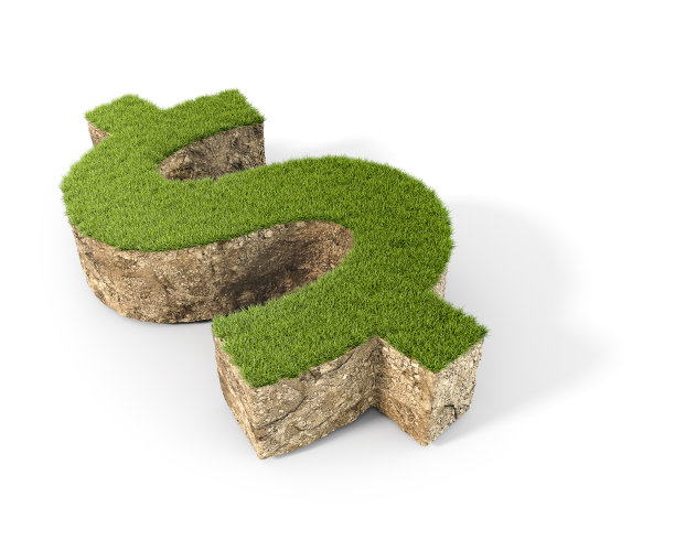 概念片地和草在一个美元符号的形状，孤立在白色的背景，3d插图图片下载