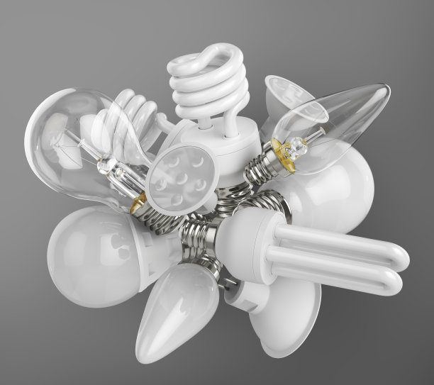 各种类型的家用电灯在灰色背景上。几种灯泡。三维演示图片下载