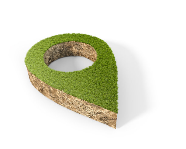 概念片地和草在一个形状的地理位置标签，孤立的白色背景，3d插图图片下载