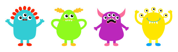 怪物图标设置行横幅。万圣节快乐。可爱可爱的卡通宝宝人物。滑稽的脸，头，身体彩色轮廓。举起手，角，眼睛，牙齿，舌头。平面设计。白色背景。图片下载