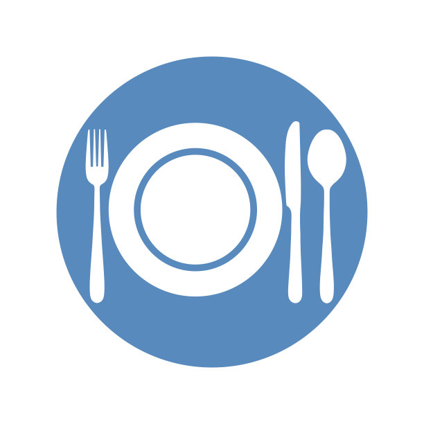 叉、匙和刀在盘子附近以蓝色圆圈摆放。餐厅,咖啡厅的象征。矢量插图。图片下载